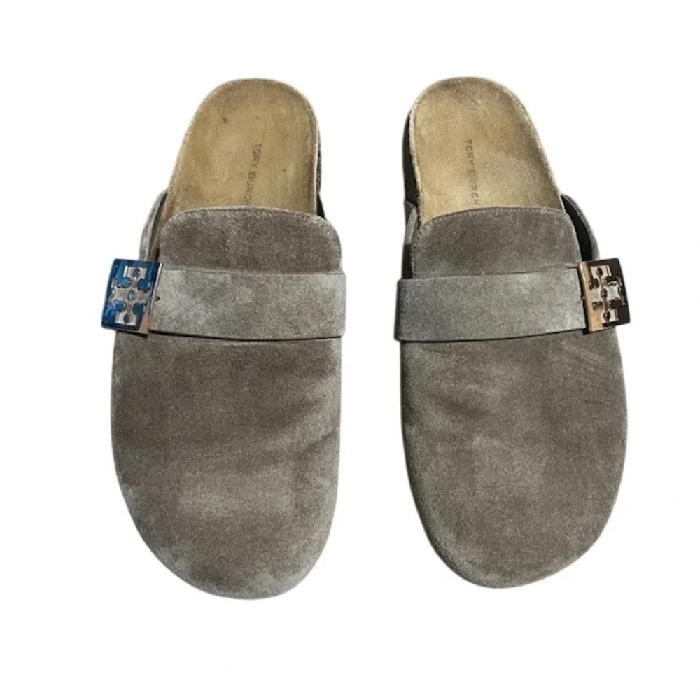 Tory Burch Mellow Mule Suede Gold Logo Buckle Taupe‎ Gray 10